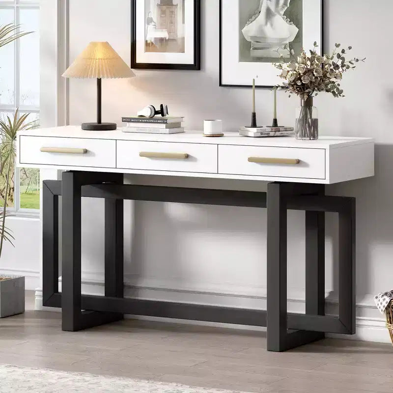 Okak 57IN Elegante Tavolo Consolle con Gambe dal Design Unico, Tavolo da Ingresso con 3 Cassetti e Maniglie in Metallo, Tavolo da Corridoio per Soggiorno, Ingresso