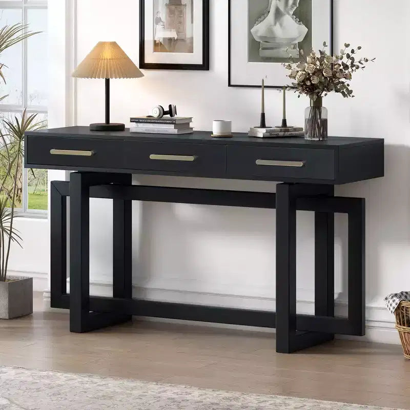 Okak 57IN Elegante Tavolo Consolle con Gambe dal Design Unico, Tavolo da Ingresso con 3 Cassetti e Maniglie in Metallo, Tavolo da Corridoio per Soggiorno, Ingresso