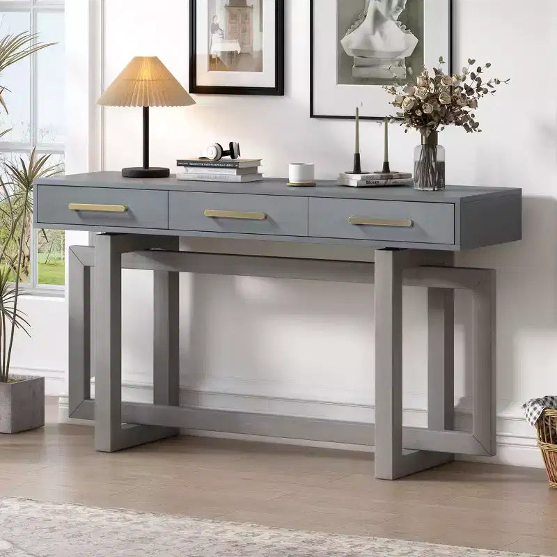 Okak 57IN Elegante Tavolo Consolle con Gambe dal Design Unico, Tavolo da Ingresso con 3 Cassetti e Maniglie in Metallo, Tavolo da Corridoio per Soggiorno, Ingresso