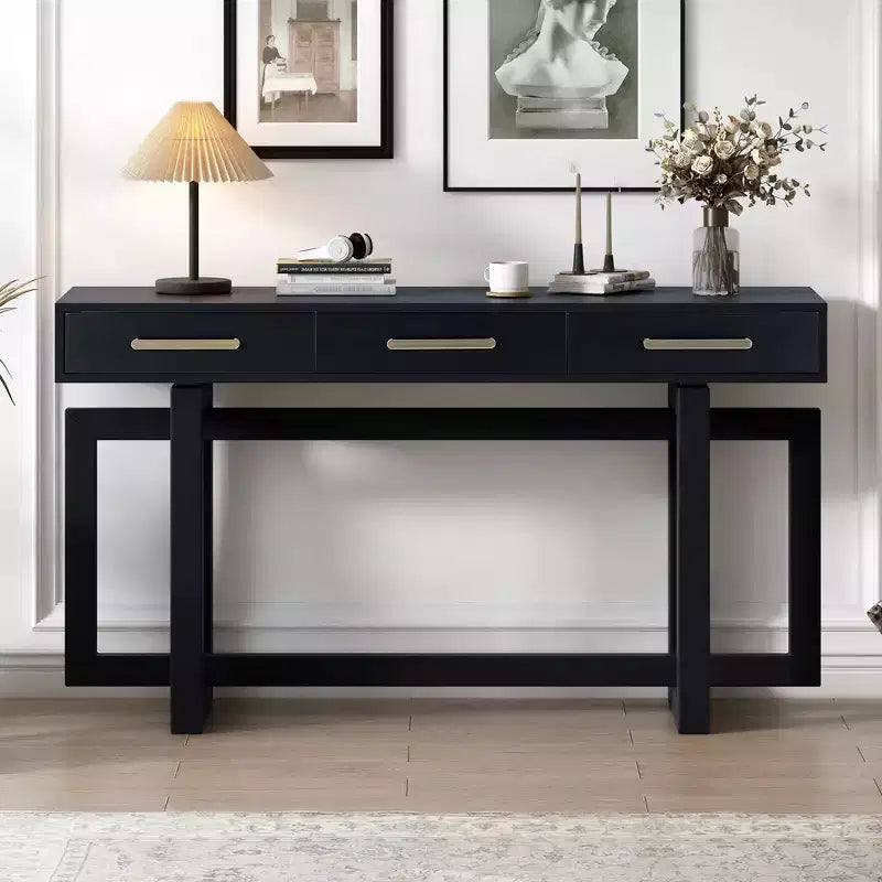 Okak 57IN Elegante Tavolo Consolle con Gambe dal Design Unico, Tavolo da Ingresso con 3 Cassetti e Maniglie in Metallo, Tavolo da Corridoio per Soggiorno, Ingresso