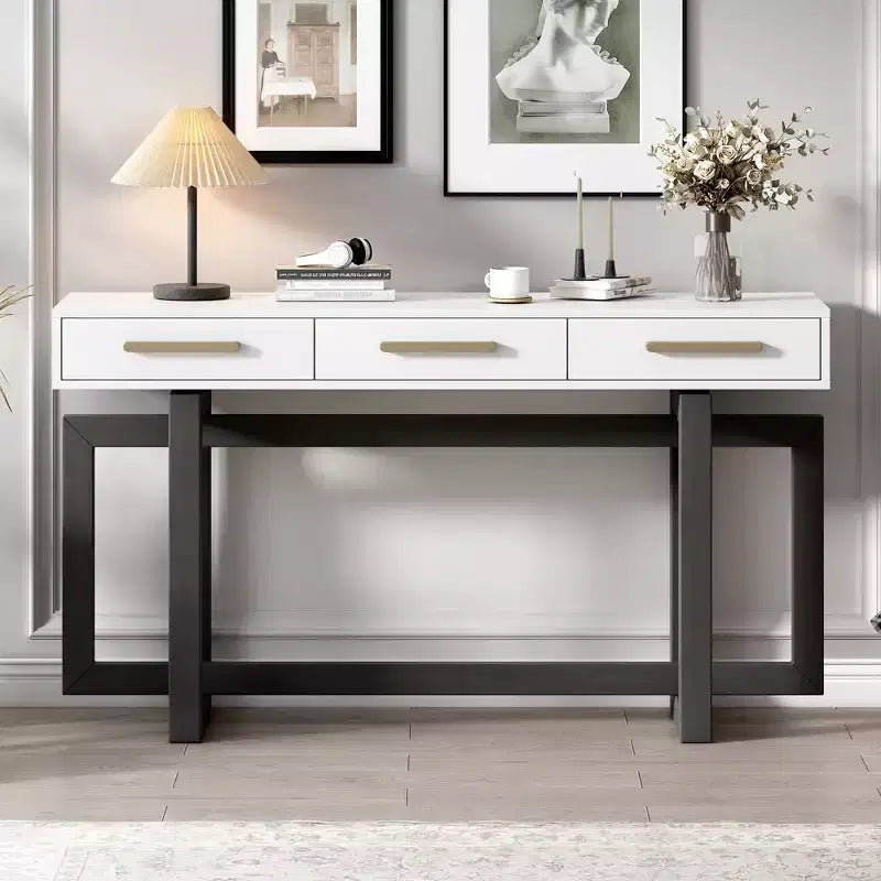 Okak 57IN Elegante Tavolo Consolle con Gambe dal Design Unico, Tavolo da Ingresso con 3 Cassetti e Maniglie in Metallo, Tavolo da Corridoio per Soggiorno, Ingresso