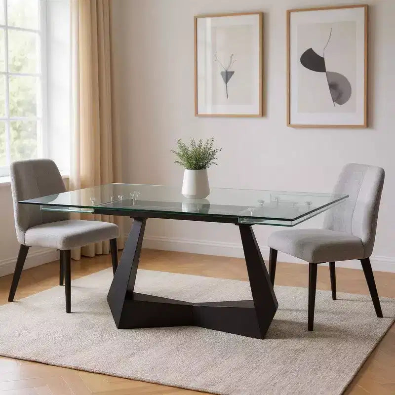 Tavolo da pranzo allungabile HomeRoots 71 con base a slitta in vetro trasparente e nero e metallo e prolunga a scomparsa