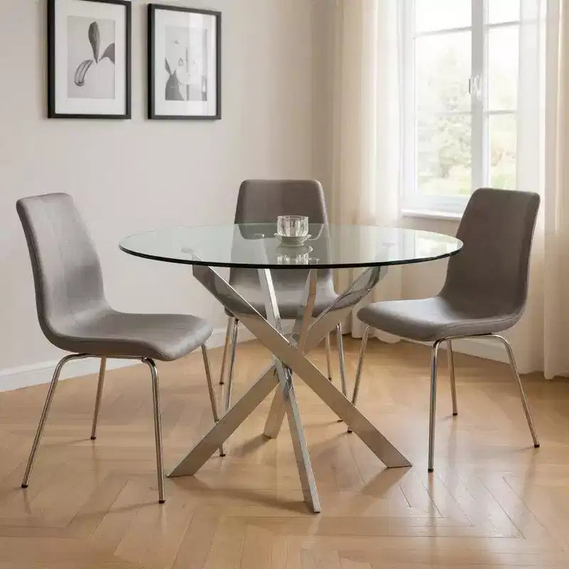 HomeRoots Tavolo da Pranzo Rotondo con Piano in Vetro Trasparente e Base a Gambe Incrociate in Metallo Argentato, 48 pollici