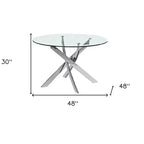 HomeRoots Tavolo da Pranzo Rotondo con Piano in Vetro Trasparente e Base a Gambe Incrociate in Metallo Argentato, 48 pollici