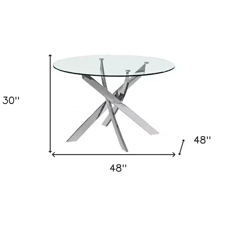 HomeRoots Tavolo da Pranzo Rotondo con Piano in Vetro Trasparente e Base a Gambe Incrociate in Metallo Argentato, 48 pollici