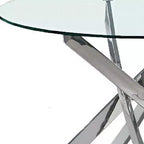 HomeRoots Tavolo da Pranzo Rotondo con Piano in Vetro Trasparente e Base a Gambe Incrociate in Metallo Argentato, 48 pollici
