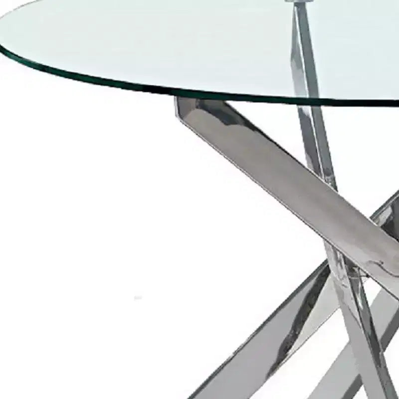 HomeRoots Tavolo da Pranzo Rotondo con Piano in Vetro Trasparente e Base a Gambe Incrociate in Metallo Argentato, 48 pollici