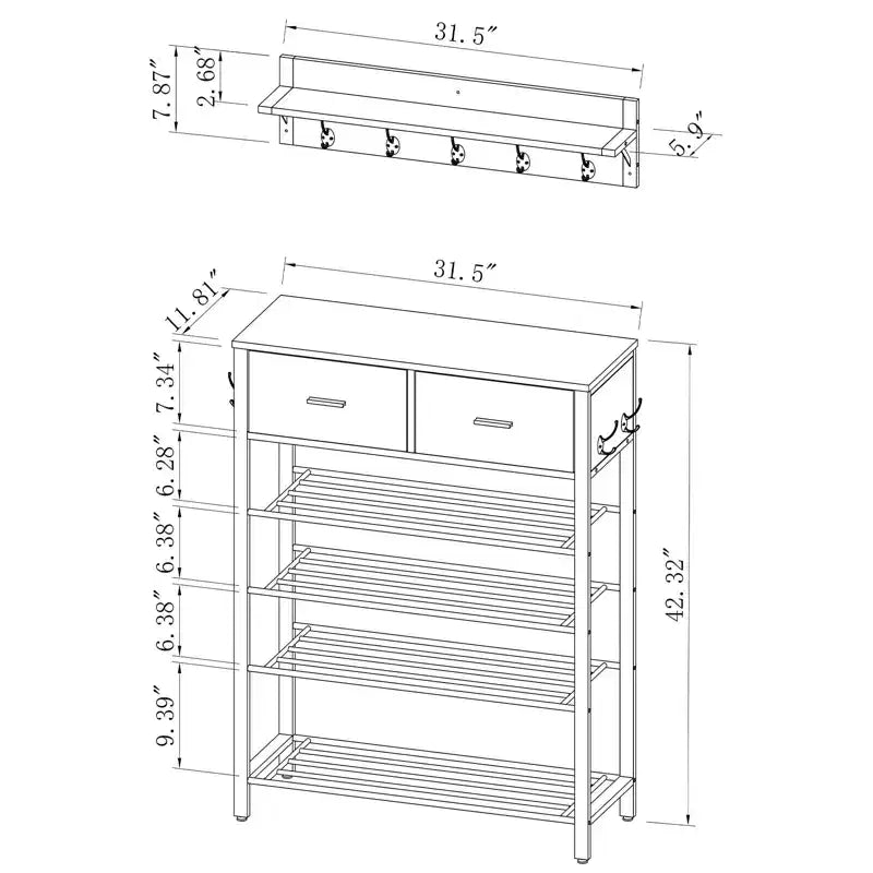 Scarpiera a 4 ripiani con 2 cassetti, Organizzatore per scarpe in metallo per 9 paia con ripiani e piano in legno, per Ingresso, Corridoio, Atrio, Armadio