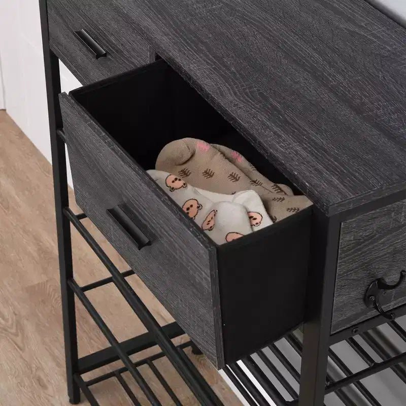 Scarpiera a 4 ripiani con 2 cassetti, Organizzatore per scarpe in metallo per 9 paia con ripiani e piano in legno, per Ingresso, Corridoio, Atrio, Armadio