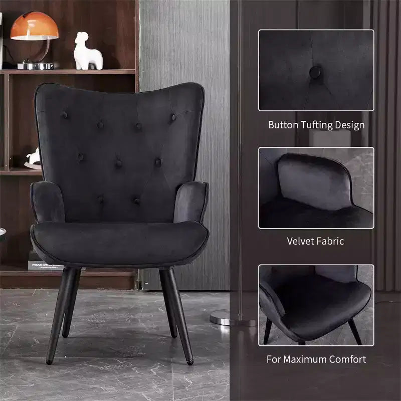 Poltrona moderna Furniliving, poltrona a pozzetto in velluto trapuntato con bottoni e braccioli per ufficio/soggiorno/camera da letto