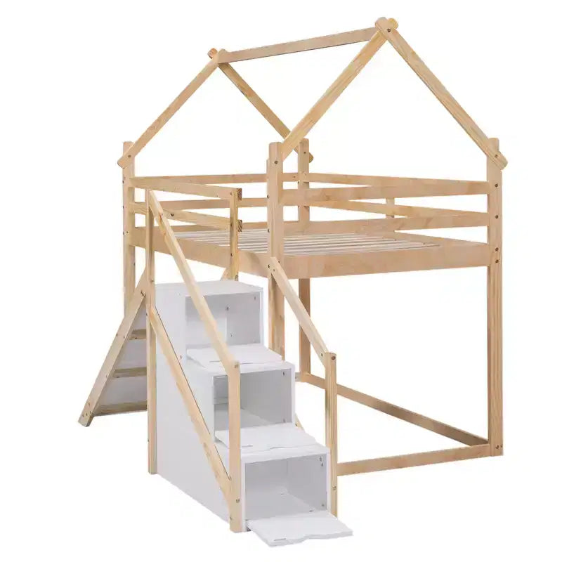 Letti a castello per la casa con scivolo e scale contenitore, letto a castello in legno con tetto e scale per bambine e bambini