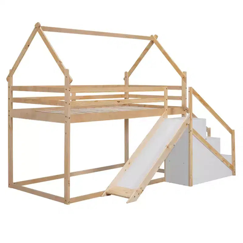 Letti a castello per la casa con scivolo e scale contenitore, letto a castello in legno con tetto e scale per bambine e bambini