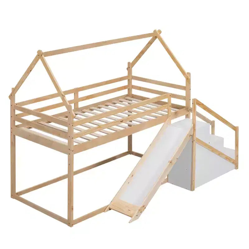 Letti a castello per la casa con scivolo e scale contenitore, letto a castello in legno con tetto e scale per bambine e bambini