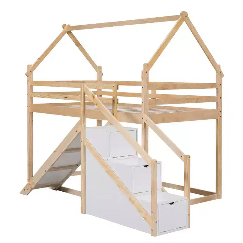 Letti a castello per la casa con scivolo e scale contenitore, letto a castello in legno con tetto e scale per bambine e bambini