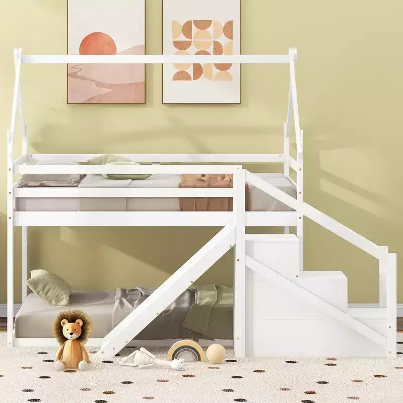Letti a castello per la casa con scivolo e scale contenitore, letto a castello in legno con tetto e scale per bambine e bambini