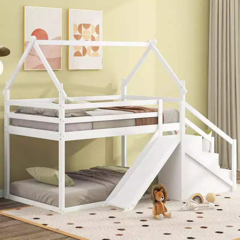 Letti a castello per la casa con scivolo e scale contenitore, letto a castello in legno con tetto e scale per bambine e bambini