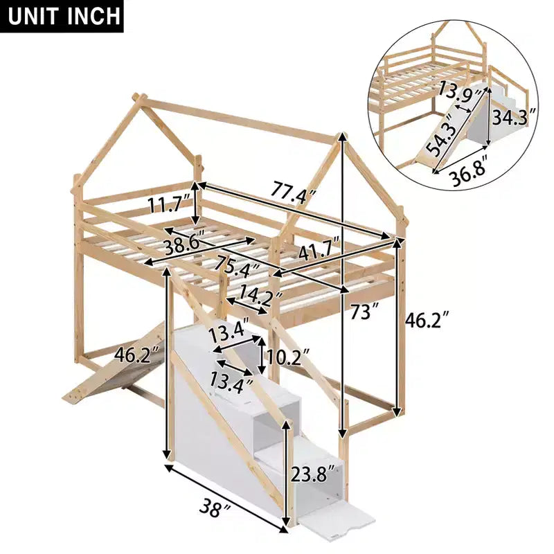 Letti a castello per la casa con scivolo e scale contenitore, letto a castello in legno con tetto e scale per bambine e bambini