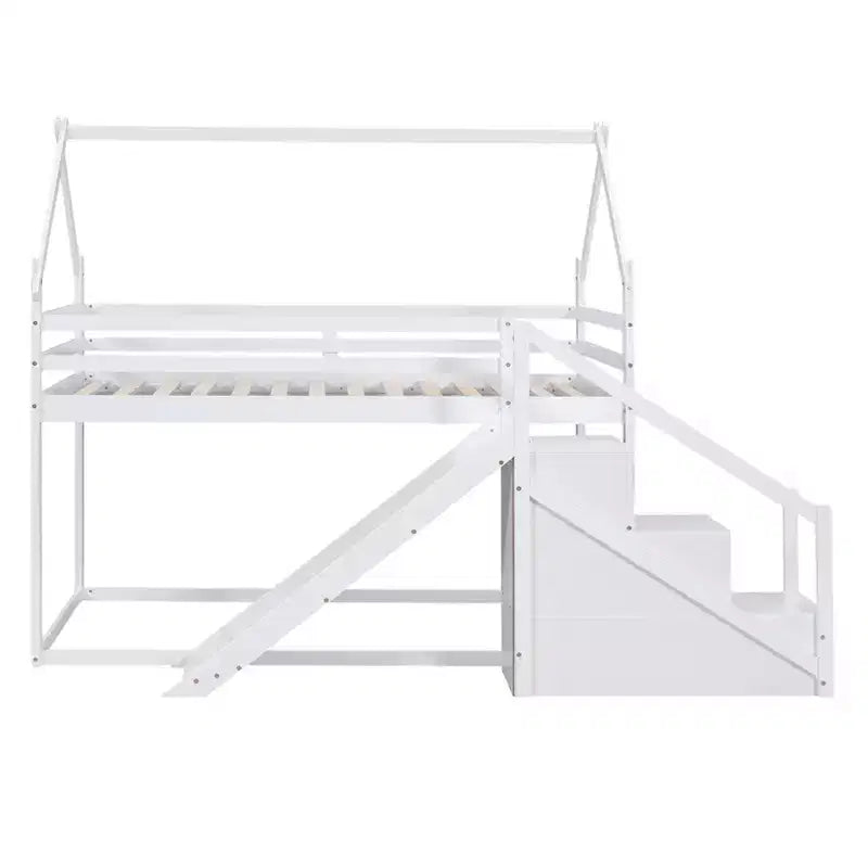 Letti a castello per la casa con scivolo e scale contenitore, letto a castello in legno con tetto e scale per bambine e bambini