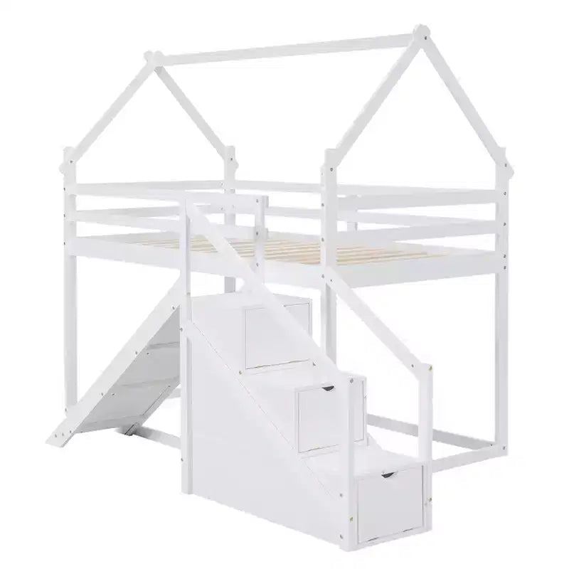 Letti a castello per la casa con scivolo e scale contenitore, letto a castello in legno con tetto e scale per bambine e bambini