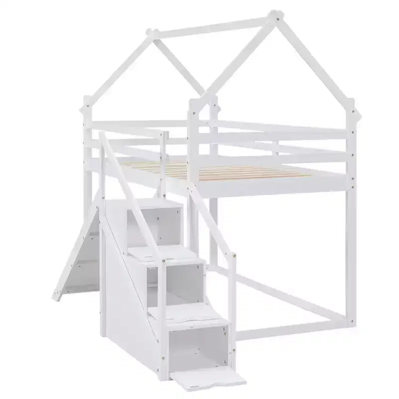 Letti a castello per la casa con scivolo e scale contenitore, letto a castello in legno con tetto e scale per bambine e bambini