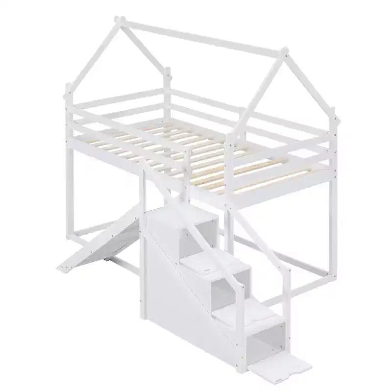 Letti a castello per la casa con scivolo e scale contenitore, letto a castello in legno con tetto e scale per bambine e bambini