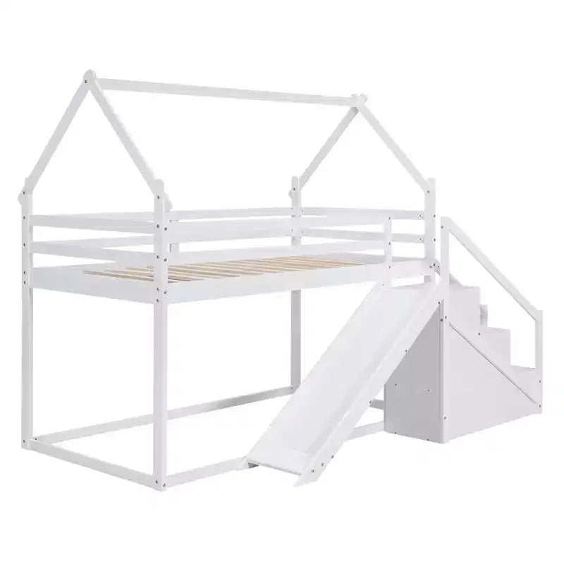 Letti a castello per la casa con scivolo e scale contenitore, letto a castello in legno con tetto e scale per bambine e bambini