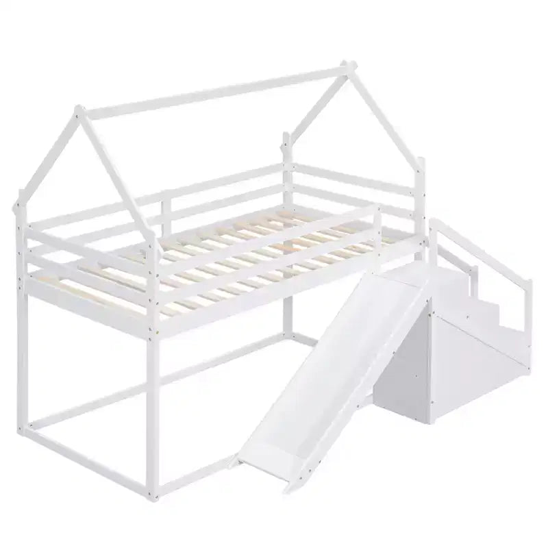 Letti a castello per la casa con scivolo e scale contenitore, letto a castello in legno con tetto e scale per bambine e bambini