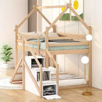 Letti a castello per la casa con scivolo e scale contenitore, letto a castello in legno con tetto e scale per bambine e bambini