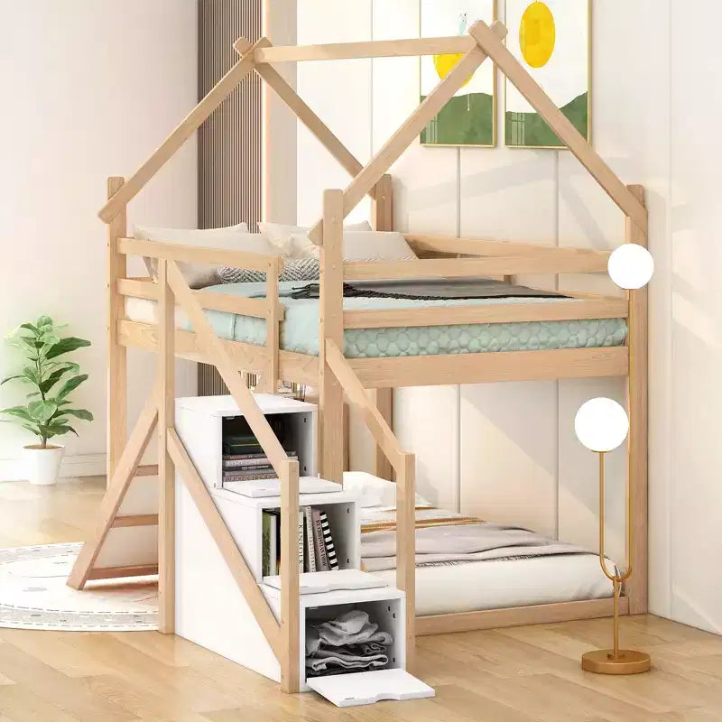 Letti a castello per la casa con scivolo e scale contenitore, letto a castello in legno con tetto e scale per bambine e bambini