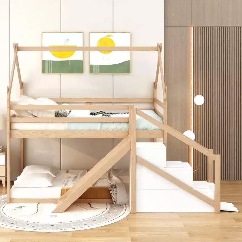 Letti a castello per la casa con scivolo e scale contenitore, letto a castello in legno con tetto e scale per bambine e bambini