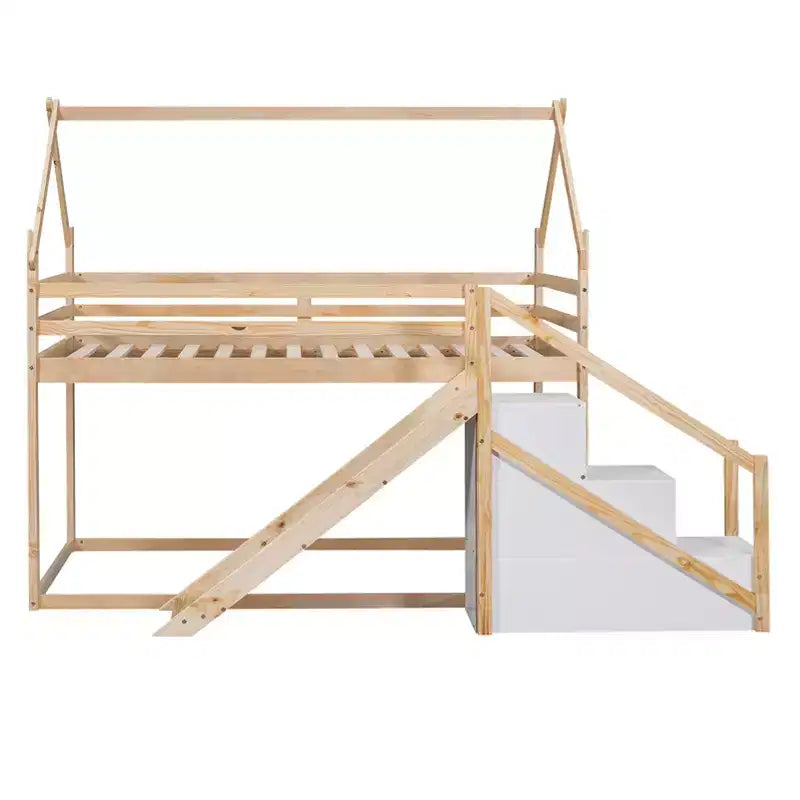 Letti a castello per la casa con scivolo e scale contenitore, letto a castello in legno con tetto e scale per bambine e bambini