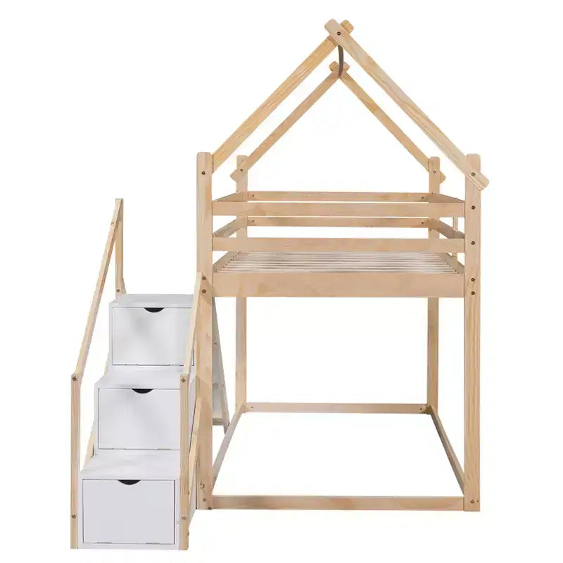Letti a castello per la casa con scivolo e scale contenitore, letto a castello in legno con tetto e scale per bambine e bambini