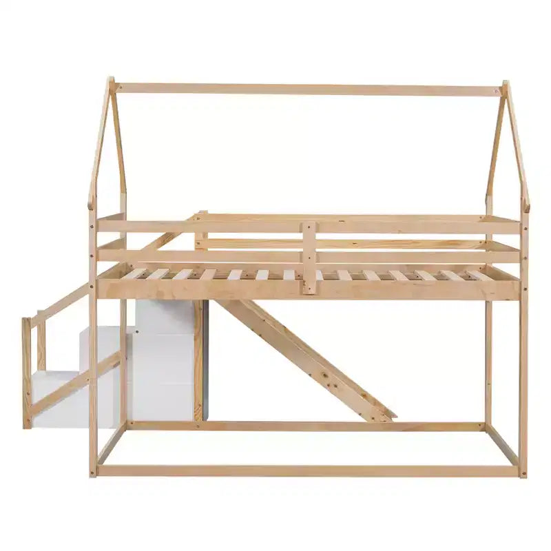 Letti a castello per la casa con scivolo e scale contenitore, letto a castello in legno con tetto e scale per bambine e bambini