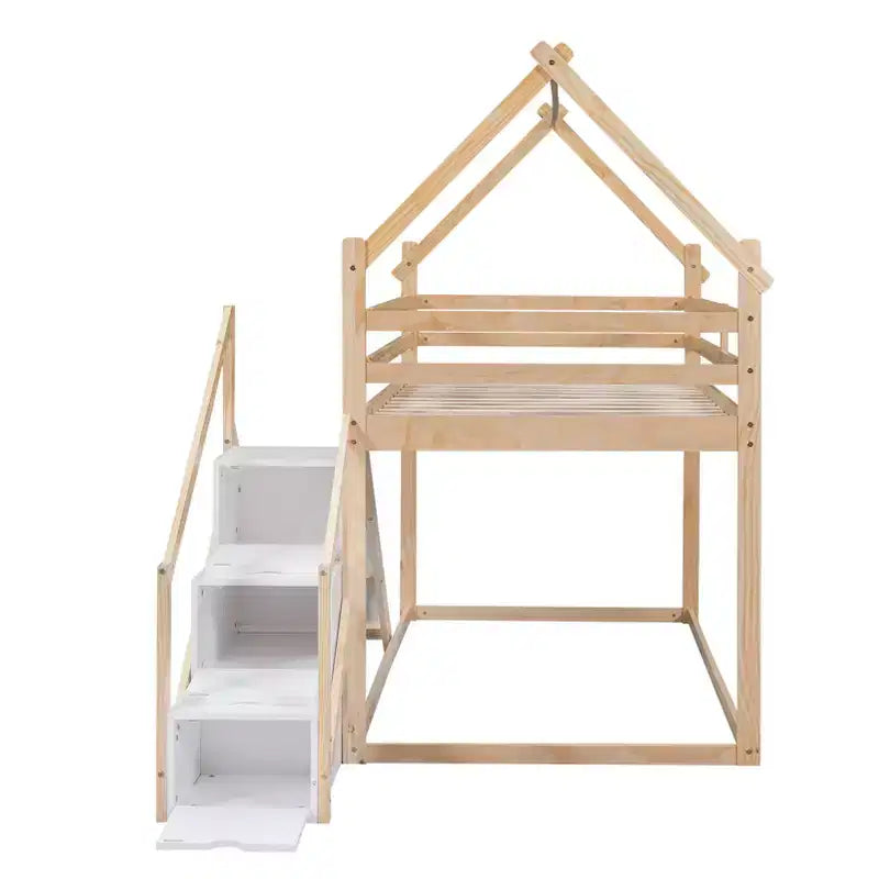 Letti a castello per la casa con scivolo e scale contenitore, letto a castello in legno con tetto e scale per bambine e bambini