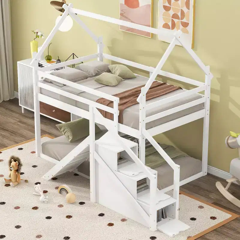 Letti a castello per la casa con scivolo e scale contenitore, letto a castello in legno con tetto e scale per bambine e bambini