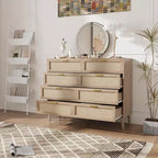 Cassettiera in Rattan, Comò a 8 Cassetti con Gambe in Legno e Maniglie in Metallo, Organizer Contenitore in Stile Bohémien per la Camera da Letto