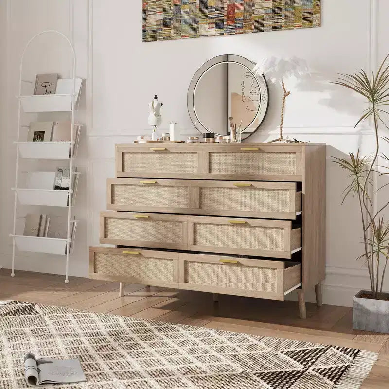 Cassettiera in Rattan, Comò a 8 Cassetti con Gambe in Legno e Maniglie in Metallo, Organizer Contenitore in Stile Bohémien per la Camera da Letto
