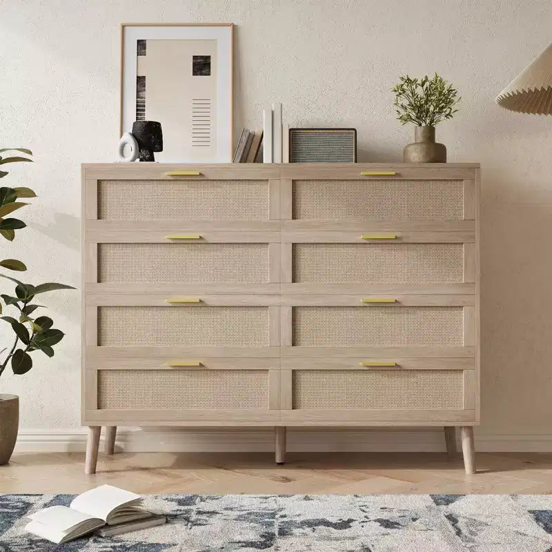 Cassettiera in Rattan, Comò a 8 Cassetti con Gambe in Legno e Maniglie in Metallo, Organizer Contenitore in Stile Bohémien per la Camera da Letto