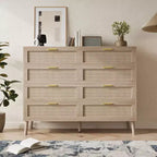 Cassettiera in Rattan, Comò a 8 Cassetti con Gambe in Legno e Maniglie in Metallo, Organizer Contenitore in Stile Bohémien per la Camera da Letto