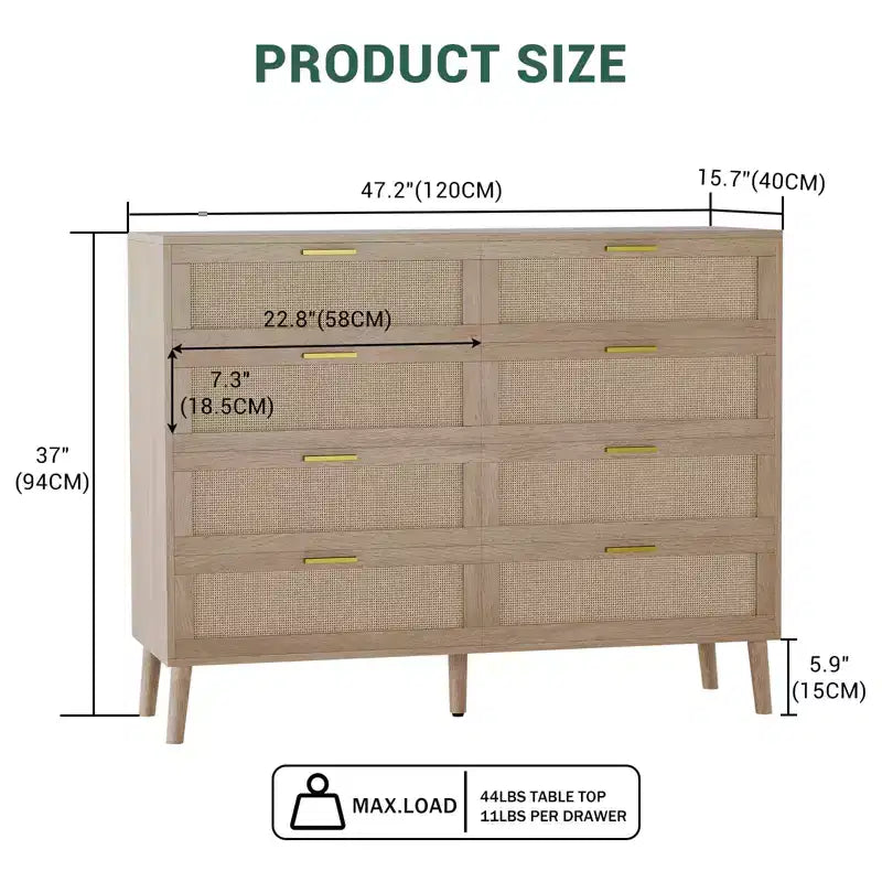 Cassettiera in Rattan, Comò a 8 Cassetti con Gambe in Legno e Maniglie in Metallo, Organizer Contenitore in Stile Bohémien per la Camera da Letto
