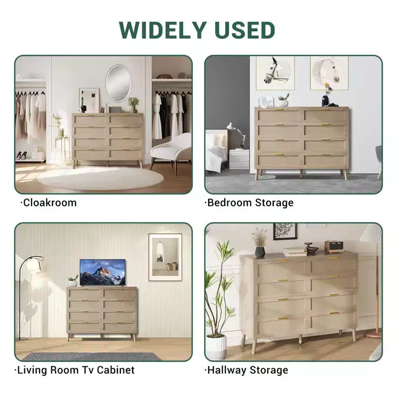 Cassettiera in Rattan, Comò a 8 Cassetti con Gambe in Legno e Maniglie in Metallo, Organizer Contenitore in Stile Bohémien per la Camera da Letto