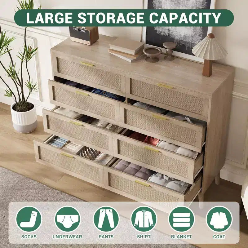 Cassettiera in Rattan, Comò a 8 Cassetti con Gambe in Legno e Maniglie in Metallo, Organizer Contenitore in Stile Bohémien per la Camera da Letto