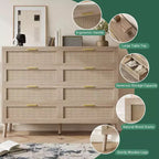 Cassettiera in Rattan, Comò a 8 Cassetti con Gambe in Legno e Maniglie in Metallo, Organizer Contenitore in Stile Bohémien per la Camera da Letto