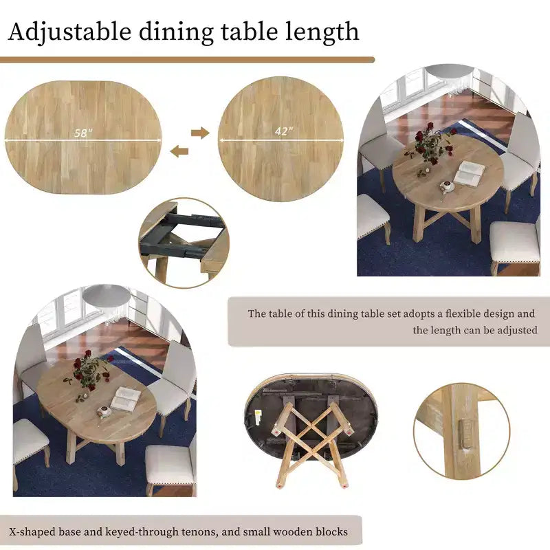 Okak 58IN Tavolo da pranzo rotondo allungabile in stile rustico, tavolo da cucina con gambe spesse incrociate e piano pesante, tavolo pieghevole per sala da pranzo