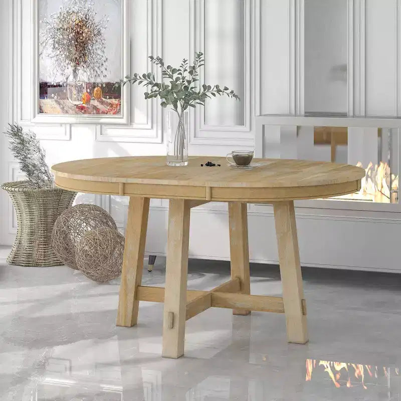 Okak 58IN Tavolo da pranzo rotondo allungabile in stile rustico, tavolo da cucina con gambe spesse incrociate e piano pesante, tavolo pieghevole per sala da pranzo