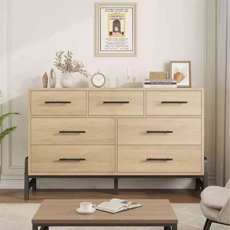 7 Cassettiere per camera da letto, cassettiera a 5 cassetti freestanding da 52" di larghezza con spazio di archiviazione, cassettiera rustica in rovere naturale per soggiorno, camera da letto