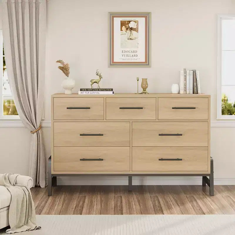 7 Cassettiere per camera da letto, cassettiera a 5 cassetti freestanding da 52" di larghezza con spazio di archiviazione, cassettiera rustica in rovere naturale per soggiorno, camera da letto