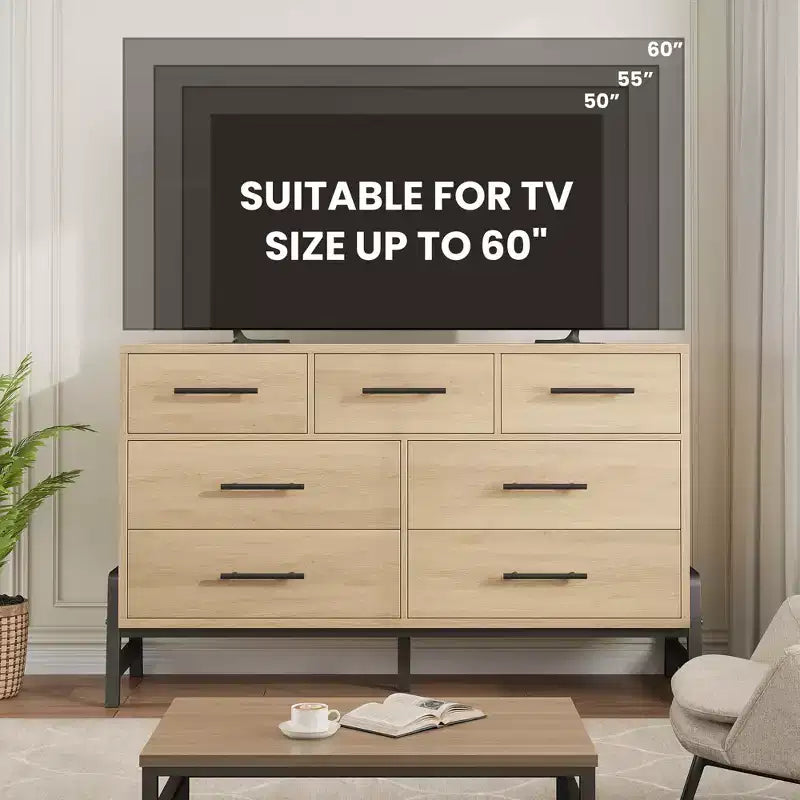 7 Cassettiere per camera da letto, cassettiera a 5 cassetti freestanding da 52" di larghezza con spazio di archiviazione, cassettiera rustica in rovere naturale per soggiorno, camera da letto