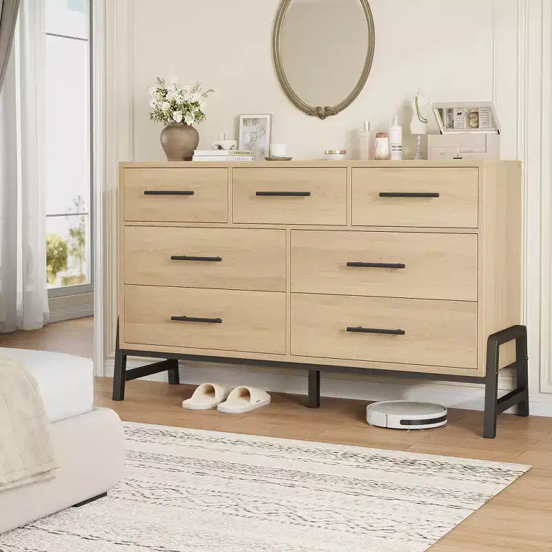 7 Cassettiere per camera da letto, cassettiera a 5 cassetti freestanding da 52" di larghezza con spazio di archiviazione, cassettiera rustica in rovere naturale per soggiorno, camera da letto