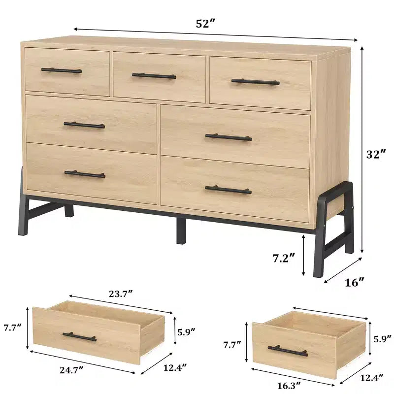 7 Cassettiere per camera da letto, cassettiera a 5 cassetti freestanding da 52" di larghezza con spazio di archiviazione, cassettiera rustica in rovere naturale per soggiorno, camera da letto